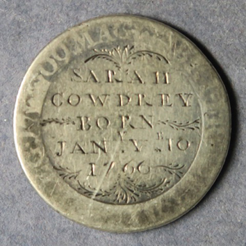 Anne 1709 shilling engraved with name & birthday baby 1766