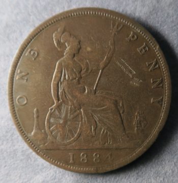 GB Penny 1884 engraved with Victorias portrait enhanced as a jockey