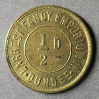 Scotland, Dundee, Samuel Lees 81 Overgate At The Sign Of The Drum Largest Fancy Emporium in Dundee 1/2D Token