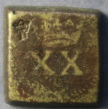 James I brass square coin weight to weigh gold Laurel Withers 648