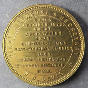 Amalgamated Brassworkers medal token 1890 1st Secretary W J Davis (Numismatist)