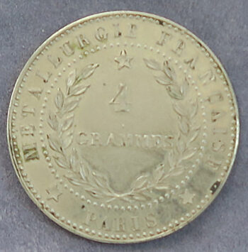 Nickel Essai France Metallurgie Francaise Paris 4 grammes rev. Alliage Monetaire 1877 10 centimes