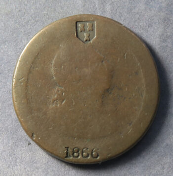countermarked 1797 penny, 1866 coat of arms - 3 castles - Dublin or Newcastle upon Tyne