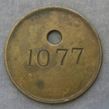 Walws, Holyhead Harbour Wprks - brass 40mm token / tally numbered 1077