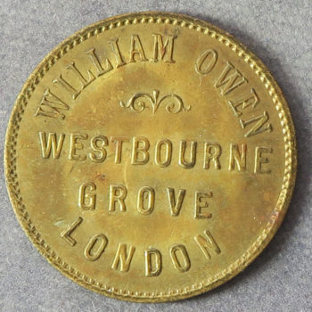 William Owen, Westbourne Grove London token Farthing size Franz Josef portrait