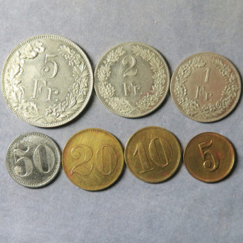 Switzerland, Burgdorf, Konsum-Genossenschaft set of 7 tokens, 5 Fr., 2 Fr., 1F, 50, 20, 10 & 5 Co-operative token