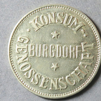 Switzerland, Burgdorf, Konsum-Genossenschaft set of 7 tokens, 5 Fr., 2 Fr., 1F, 50, 20, 10 & 5 Co-operative token