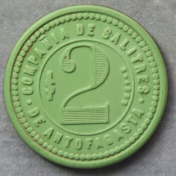 Chile CSA Compania De Salitres De Antofagasta $2 Vulcanite plastic token / ficha