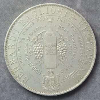 London - Baglioni Restaurant advertising token / medal aluminium c. 1910 - 2/6 Dinner!