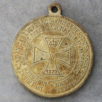 1881 German Empire Commemorating Association Warrior Festival Marburg plated brass medal