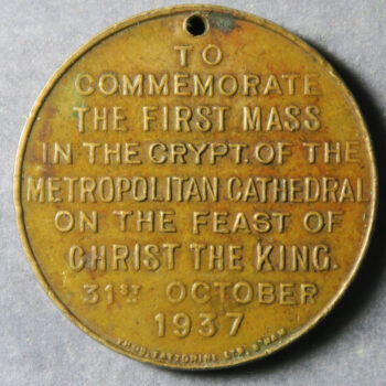 Liverpool Metropolitan Cathedral Crypt service 31 Oct 1937 - depicts Lutyens's original design - bronze medal