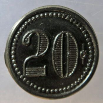 Chile, Santiago, Puente Alto, 20 c. Cia Manufacturera de Papeles, black Vuulcanite token ficha 1921