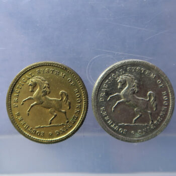 Southen's Practical System of Bookkeeping shilling and Sovereign tokens x2 - Victoria