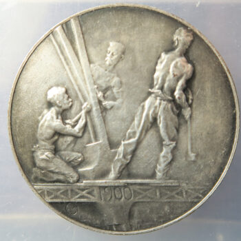 Eifel Tower souvenir of Ascent medals x2 1889 when buylt and 1900 for Exhibition this by Alexandre Charpentier