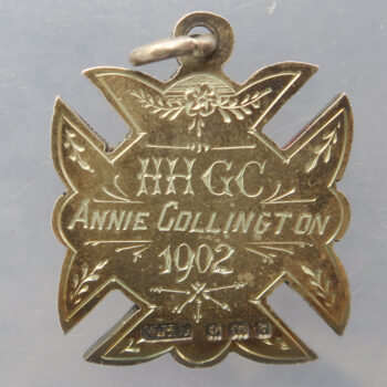 Pair of silver fob medal prizes H. H. G. C. 1900, 1902 to Anne Collington Golf Club prizes