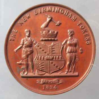 WARWICKSHIRE, Birmingham, William Davis and John Macmillan, New Centenary token, 1894, arms and supporters, rev. The Exchange