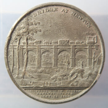 Manchester to Liverpool Railway 1830 White metal medal by T Halliday - Bridge at Newton obv . George Stephenson