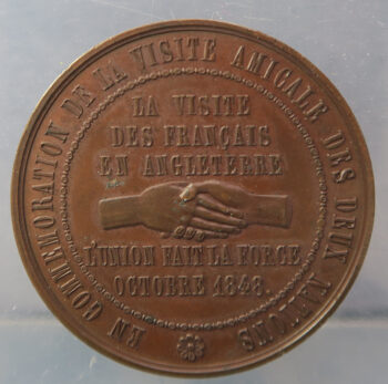 France UK - 1848-9 Visits of French delegate to England & return visit - Union related - clasped hands bronze medal 36.3mm