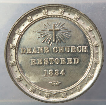 Lancashire, Deane church Bolton Restored 1884 white metal medal