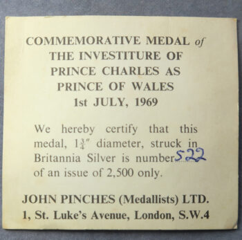 Charles Investiture as Prince of Wales 1969 medal - unofficial silver medal 44.6mm by Pinches