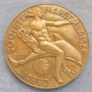 Societe Marseilaise de Credit 100 year bronze medal 1865-1965 by G. Simon - boy on dolphin, after Greek Tarentum stater