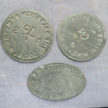 Salvation Army Social Wing bracteate zinc tokens - 3d - 4d and 6d - 3 tokens