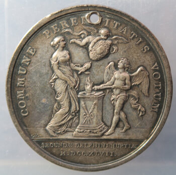 FRANCE   ROYAL Louis XV (1715-1774). Silver medal, second marriage of the Dauphin with Marie-Josèphe de Saxe, by F. Marteau 1747, Paris. Divo 136; Silver - 32.68g - 34 mm - 12 h HOLED