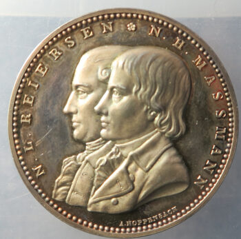 Denmark Medal 1831 Friedrich VI(1808-1839). Silver medal by A. Hoppensach. Prize for the Sunday School founded by N. H. Massmann. The busts of N.L. Reiersen and N.H. Massmann Silver. Bergsoe 634. 42.5 mm; Maths theorem