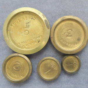 Brass stacking weights set - 5, 3, 2, 1 & 1/2 Sovereign weights