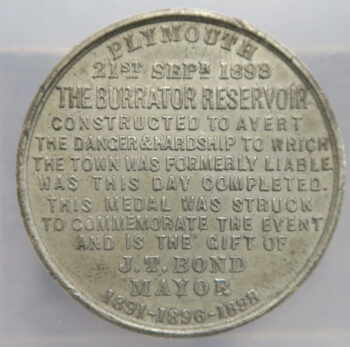 Plymouth opening of Burrator Resevoir 1898 pewter medal