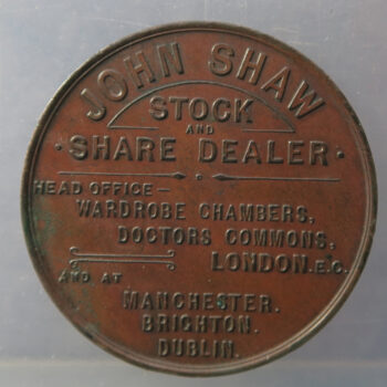 1895 Dessau's Calendar medal - advertising for John Shaw share dealer, London &c ny E Daish, Edinburgh