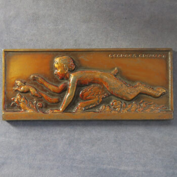 MB109167 France Faun and squirrel bronzed iron plaque medal Art Deco Faune a l’ecureil 1935