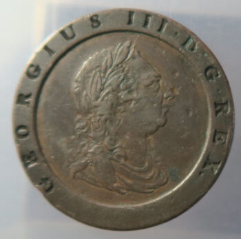 MB109191 GB Cartwheel 2d 1797 coin with edge impressed inscription relating to Royal Mint1852