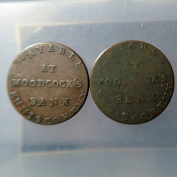 MB109312 Ireland 18th century 2 tokens D&H Wexford 6 + 7 1800 Woodcock’s Bank Enniscorthy