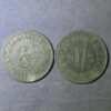 Pair of zinc tokens Cushen's Cash Market Mile End Rd London 6d & 1/- Grocers tokens