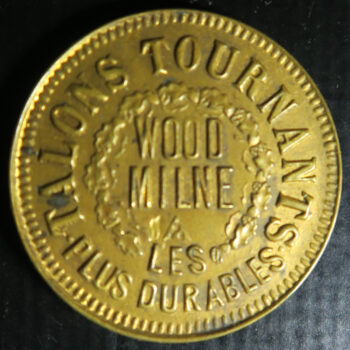 France brass shell on card advertising Token - Talons tournants - Wood Milne - rubber shoe soles & heels