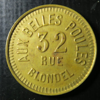 France brass shell on card advertising Token - Aux Belles Poules 32 Rue Blondel