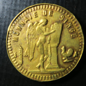 France brass shell on card advertising Token - Moulin Rouge La Grande Revue Music Hall - Monnais de Singe - Monkey Money