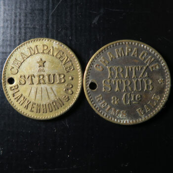 France brass token / label x2 - Feitz Strub & Cie Champagne & Strub Blankenhorn & Co. - prize medals mentioned