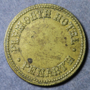 Wales Pub token check - Glamorganshire, PENARTH, PLYMOUTH HOTEL rev. 3D in wreath Brass 23.3mm. milled edge, Cox 632