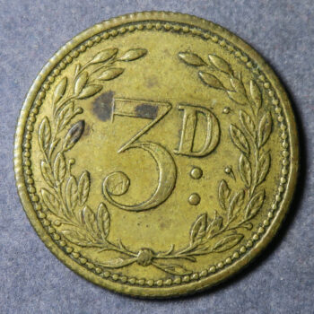 Wales Pub token check - Glamorganshire, PENARTH, PLYMOUTH HOTEL rev. 3D in wreath Brass 23.3mm. milled edge, Cox 632