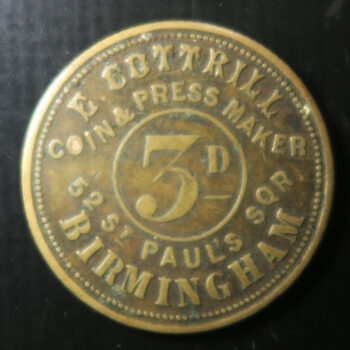 Wales Pub token check -Carmarthenshire, LLANELLY, GOLDEN LION INN, J. JONES rev. 3D E. Cottrill Coin & Press Maher 52 St Paul’s Sqr. Birmingham Brass 23.4mm. milled edge VF Cox 77