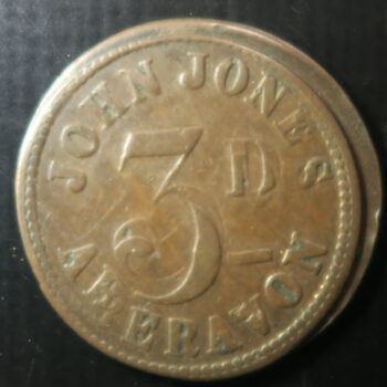 Wales Pub token check - Glamorganshire, ABERAVON, JOHN JONES 3D rev. WALNUT TREE tree B&A AE 21.9mm. plain edge VF Cox 148 B&A = Brooks & Adams