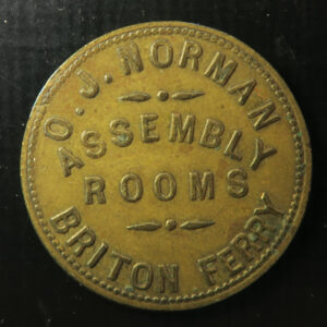 Wales Pub token check - Glamorganshire, BRITON FERRY, ASSEMBLY ROOMS, O.J. NORMAN rev. 3D Brass 25.1mm. plain edge VF Cox 213