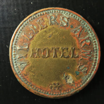 Wales Pub token check - Glamorganshire, BRITON FERRY, BARRETT rev. VILLIERS ARMS HOTEL Brass 23.9mm. milled edge gF Cox 219