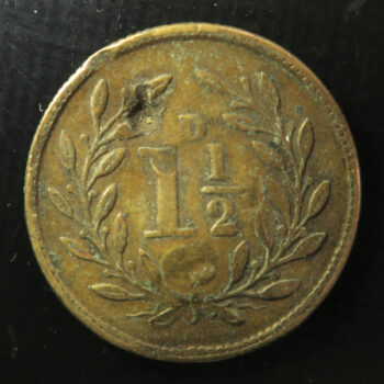 Wales Pub token check - Glamorganshire, CAERPHILLY, QUEENS HEAD Victoria veiled head l. 1897 rev.11/2D in wreath Brass 26.1mm. milled edge damaged F Cox 230