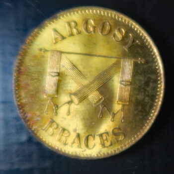 Argosy Braces, London Unofficial Farthing token depicts tennis player Withers 7620 mint state gilt brass milled edge