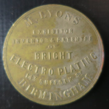 1851 Exhibition advertising token for M. Lyons Bright Electroplating Birmingham brass 39mm