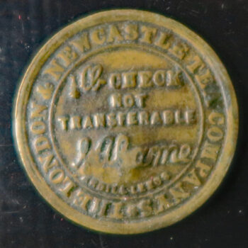 London & Newcastle Tea Company 1/4 lb. brass token - King St. South Shields 1876 countermark G