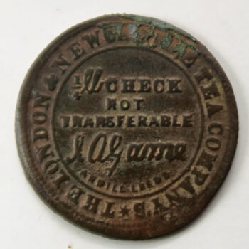 London & Newcastle Tea Company 1/4 lb. brass token - Northgate Darlington 1876